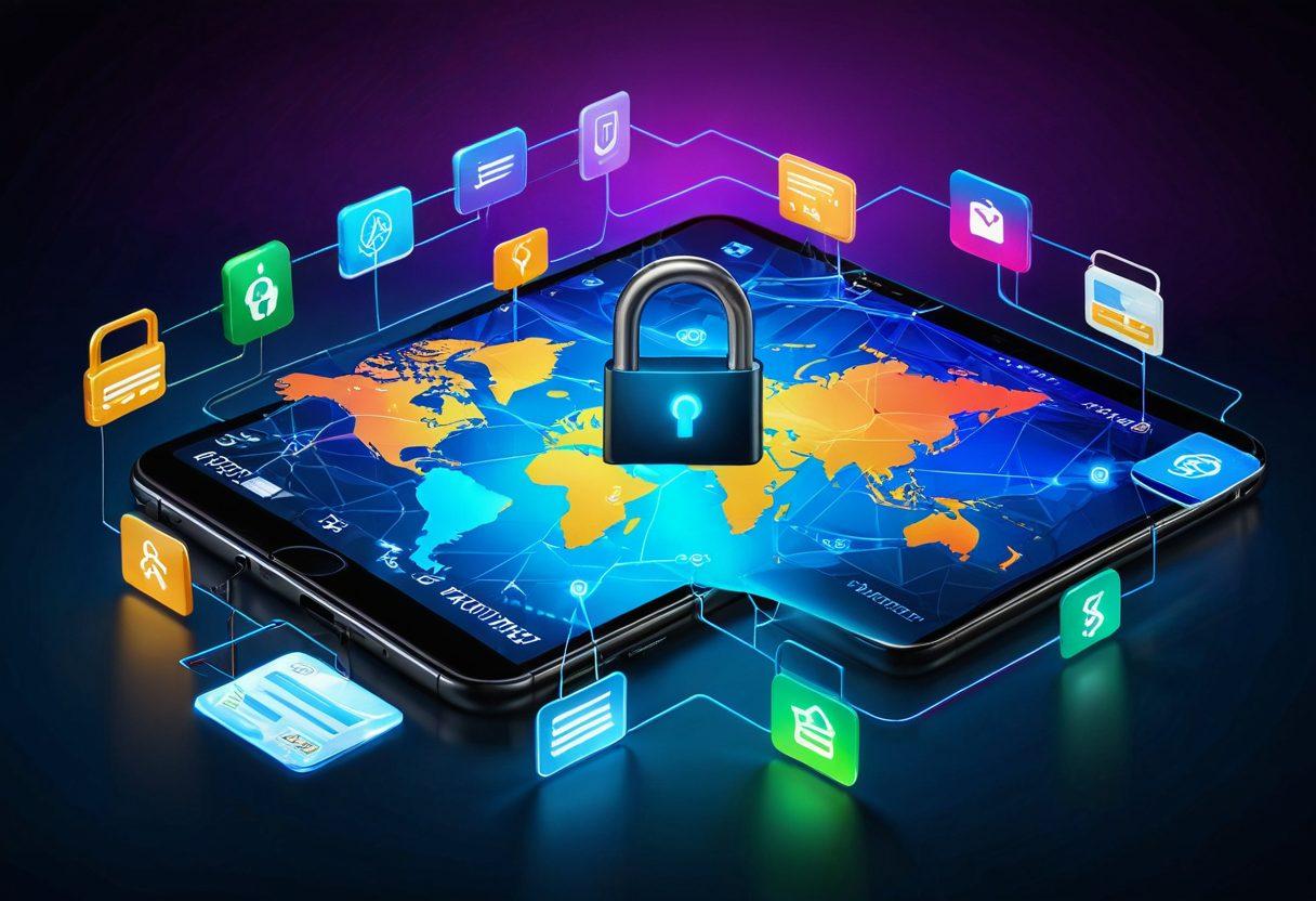 A digital landscape showcasing secure online payment solutions, with glowing lock icons and interconnected currency symbols. Incorporate sleek, abstract representations of transactions flowing seamlessly between devices like smartphones and computers. Use vibrant colors to depict the energy of efficient money transfers, alongside a subtle background of a world map to signify global reach. Emphasize a modern and tech-savvy aesthetic. super-realistic. vibrant colors. 3D.